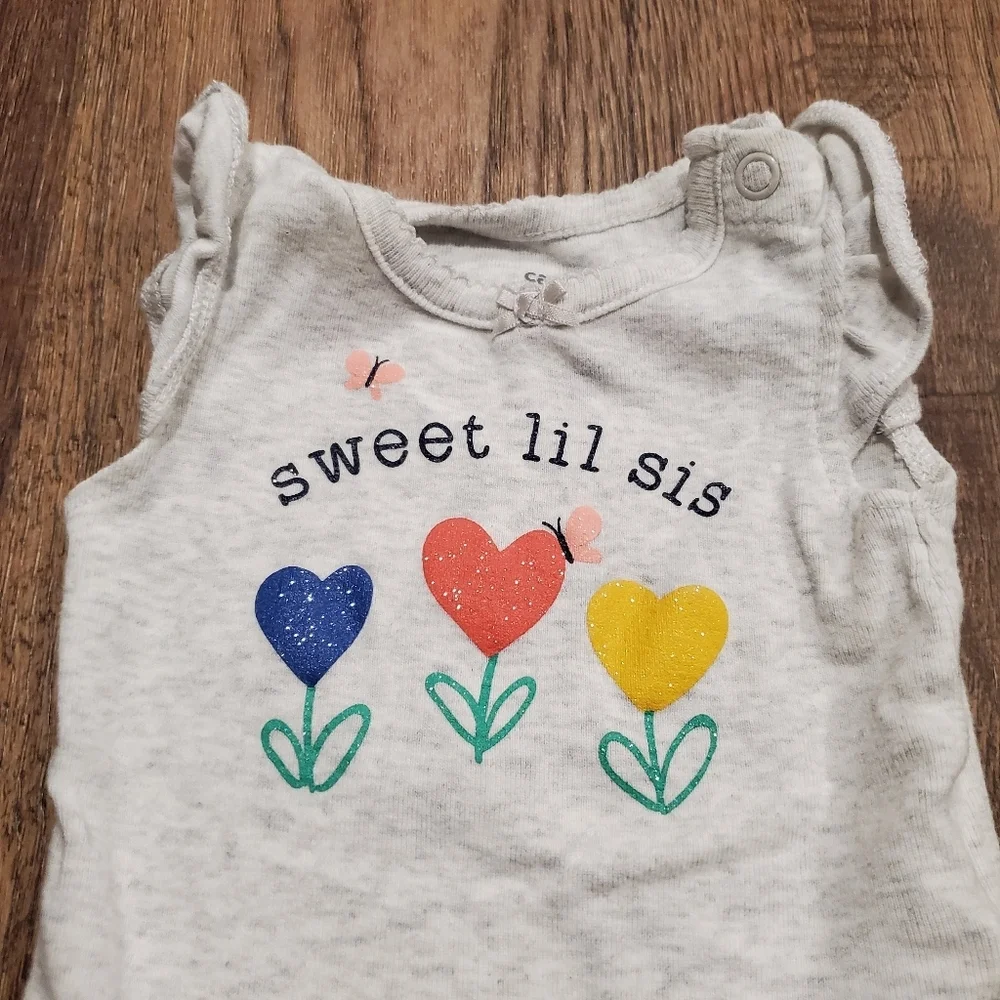 Carters Cotton Matching Heart Flowers Green Gray Little Sister Bodysuit Pants NB